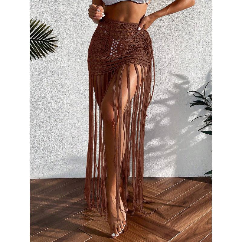 Hand-Crocheted Hollow-Out Beach Cover-Up Skirt with Tassels