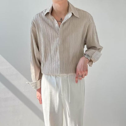 Textured Top Korean Style Loose Casual Long-Sleeved Shirt Men's Fashionable Handsome Striped Non-Ironing Shirt Autumn