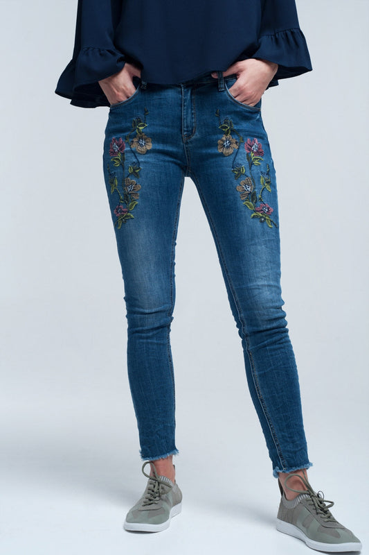 Blauwe skinny jeans met borduursels