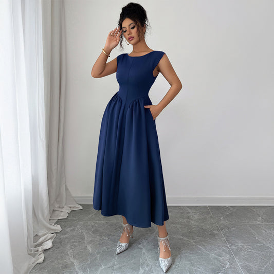 Effen kleur slanke taille midi- jurk met open rug