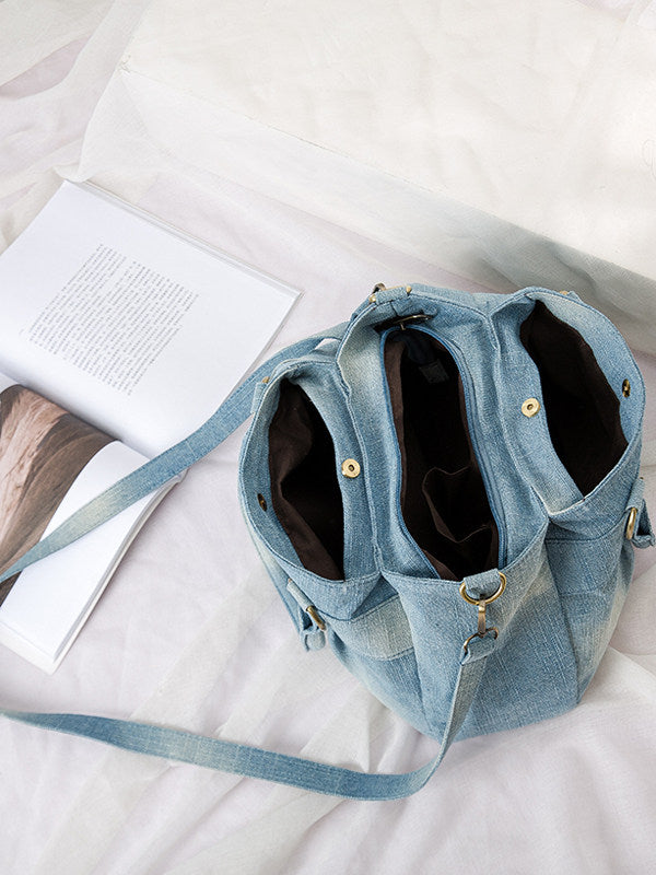 Vintage Denim Three-Pocket Crossbody Shoulder Bag