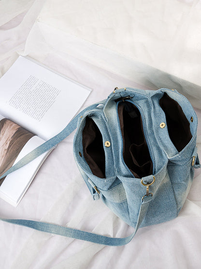 Vintage Denim Three-Pocket Crossbody Shoulder Bag