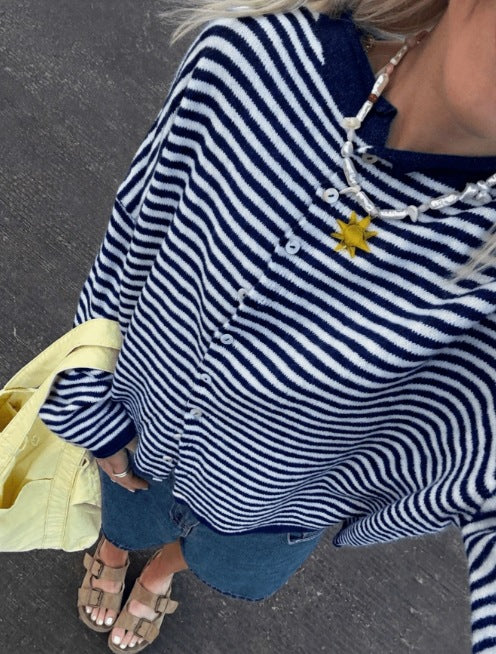 Women's Striped Knit Button-Front Long Sleeve Cardigan