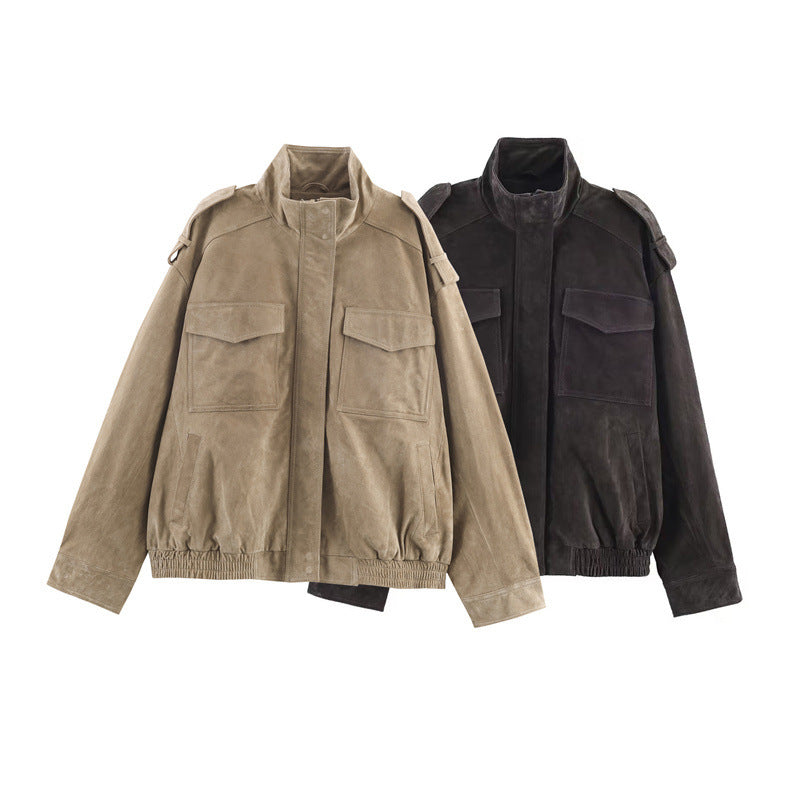 Women's Casual Stand Collar Leather Jacket Loose Long Sleeve Jacket