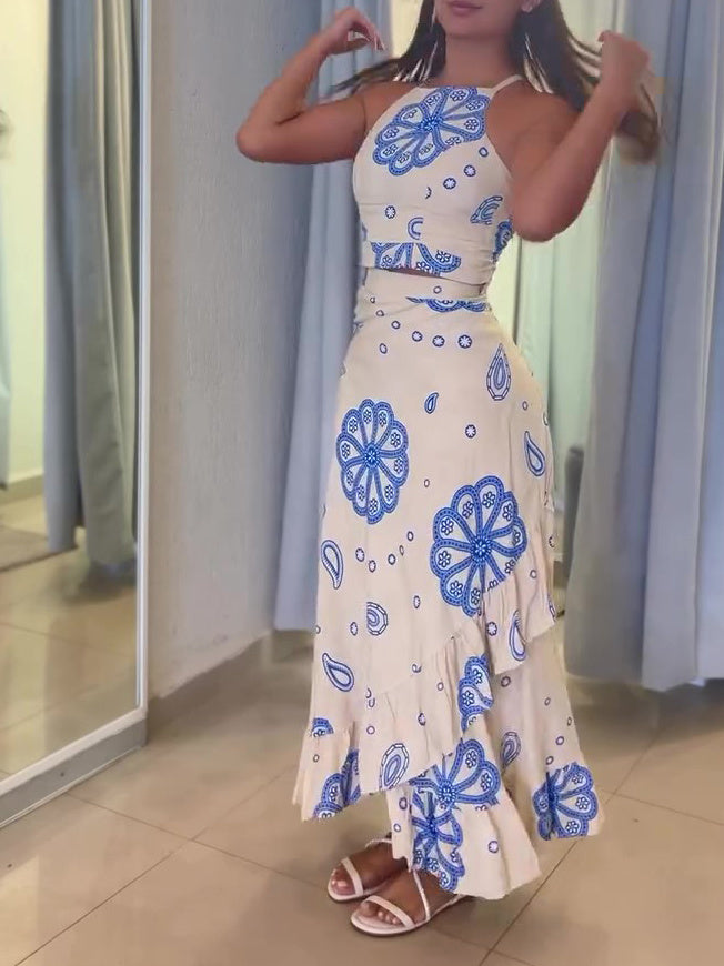 Vakantie Cashew Bloemenprint Sling Ruffle Rok Set