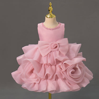 Girls Princess Dress with 3D Roses and Bow Tiered Tulle Birthday Party Gown