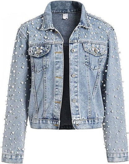 Women's Pearl Rhinestone Cropped Denim Jacket Long Sleeve Slim Fit
