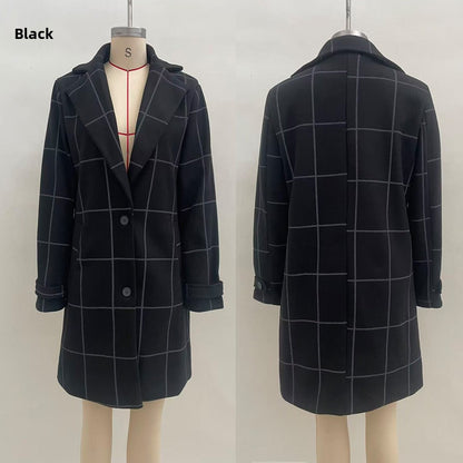 Retro Plaid Mid-Length Lapel Coat for Women