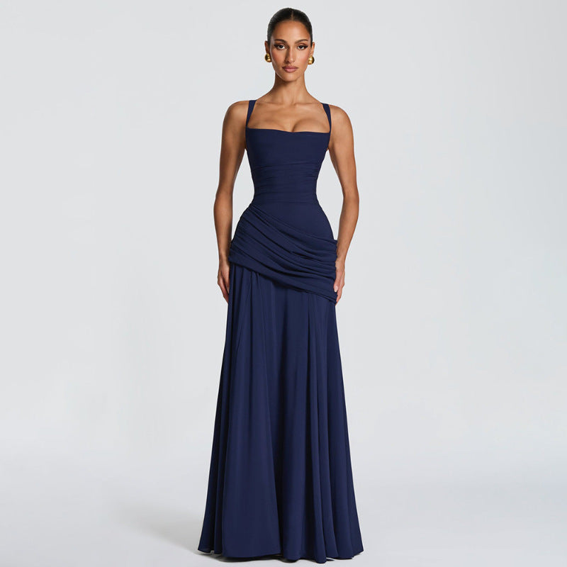 Solid-color sleeveless fitted-waist flared slip dress