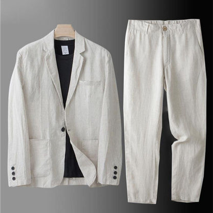 Men's Summer Korean-Style Linen Suit Set ? Slim-Fit, Lightweight Cotton-Linen Casual Blazer and Trousers, Sun-Protective Two-Piece Outfit