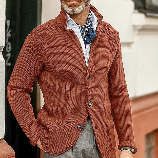 Mens Thick Knit Cardigan Sweater with Buttoned Lapel