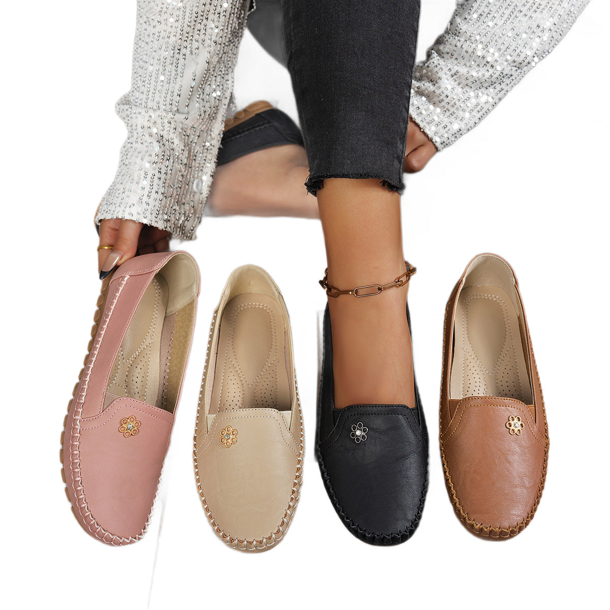 Effenkleurige retro platte loafers voor dames