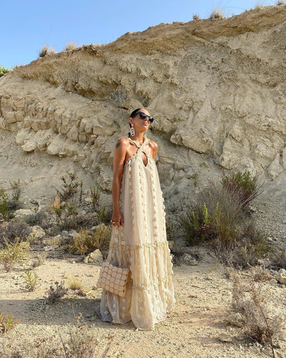 2026 Spring/Summer European and American New Style Solid Color Fashionable 3D Floral Floor-Length Cake Dress Cross-Border Long Dress Women's Halter Dress