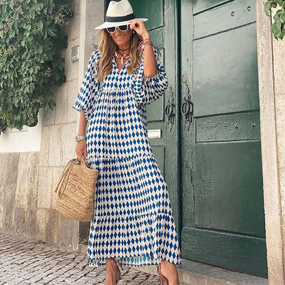 Geometric Print Puff Sleeve V-Neck Long Dress