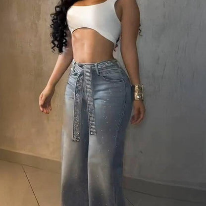 Rhinestone Denim Trousers High Waist Wide Leg