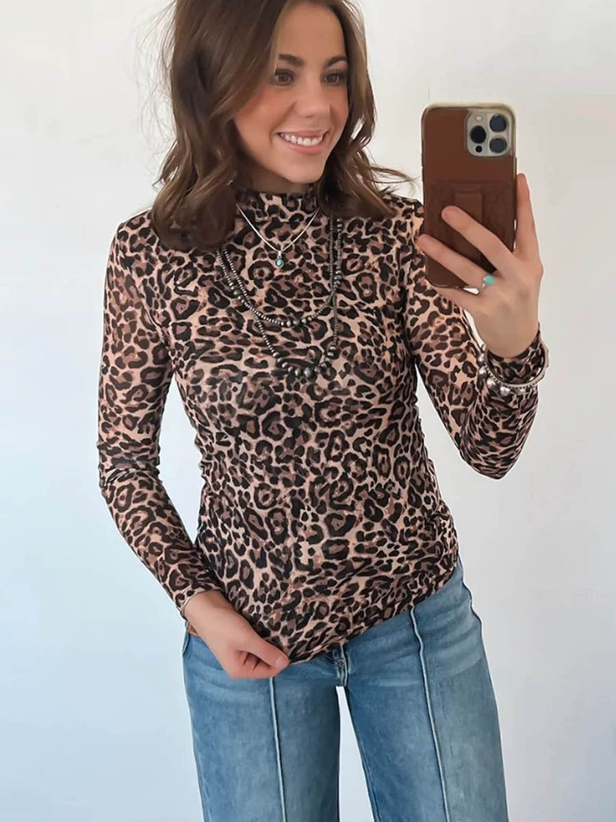 Women's Leopard Print High Neck Blouse