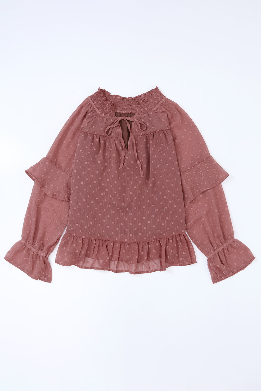 Vurig rode blouse met Zwitserse stippen vetersluiting V-hals en ruches