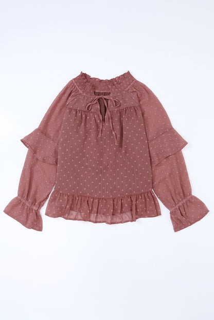 Vurig rode blouse met Zwitserse stippen vetersluiting V-hals en ruches