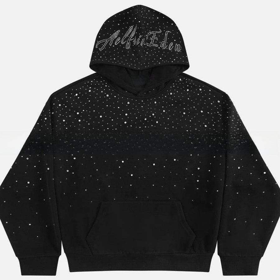 Rhinestone Hooded Sweatshirt Retro Washed Unisex