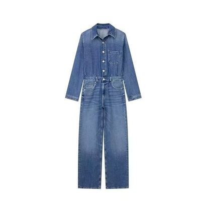Long Sleeve Washed Denim Jumpsuit