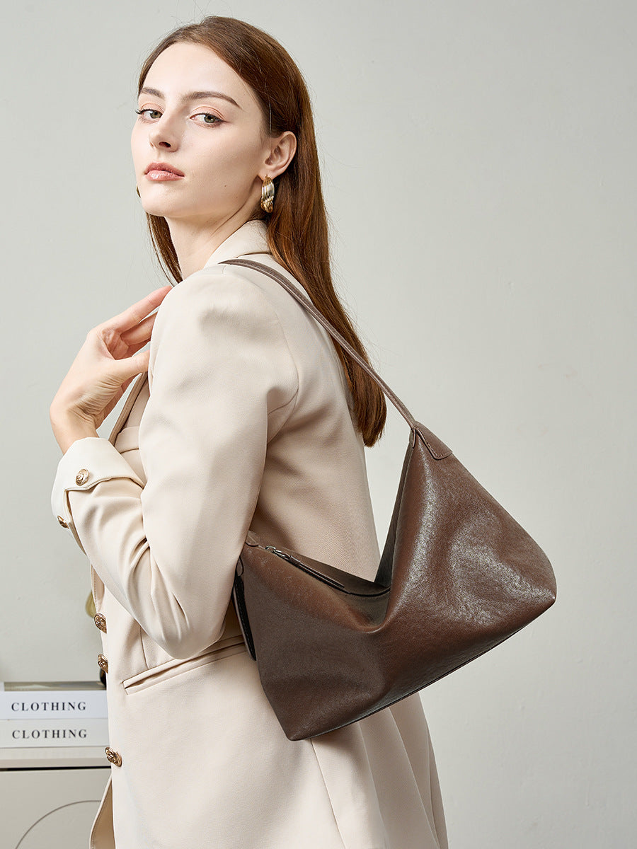 Vintage First Layer Vegetable Tanned Cowhide Casual Shoulder Underarm Bag Large Capacity Classic Leather Crossbody Hobo Bag