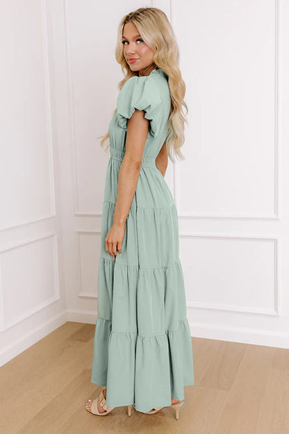 Effen maxi-jurk met V-hals korte pofmouwen en hoge taille