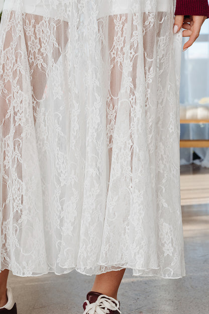 Witte doorschijnende wijde maxi-rok van bloemenkant