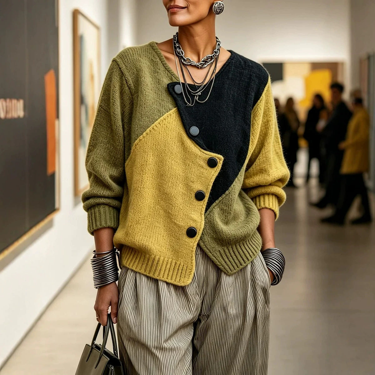 Women's Retro Color-Block Knit Cardigan