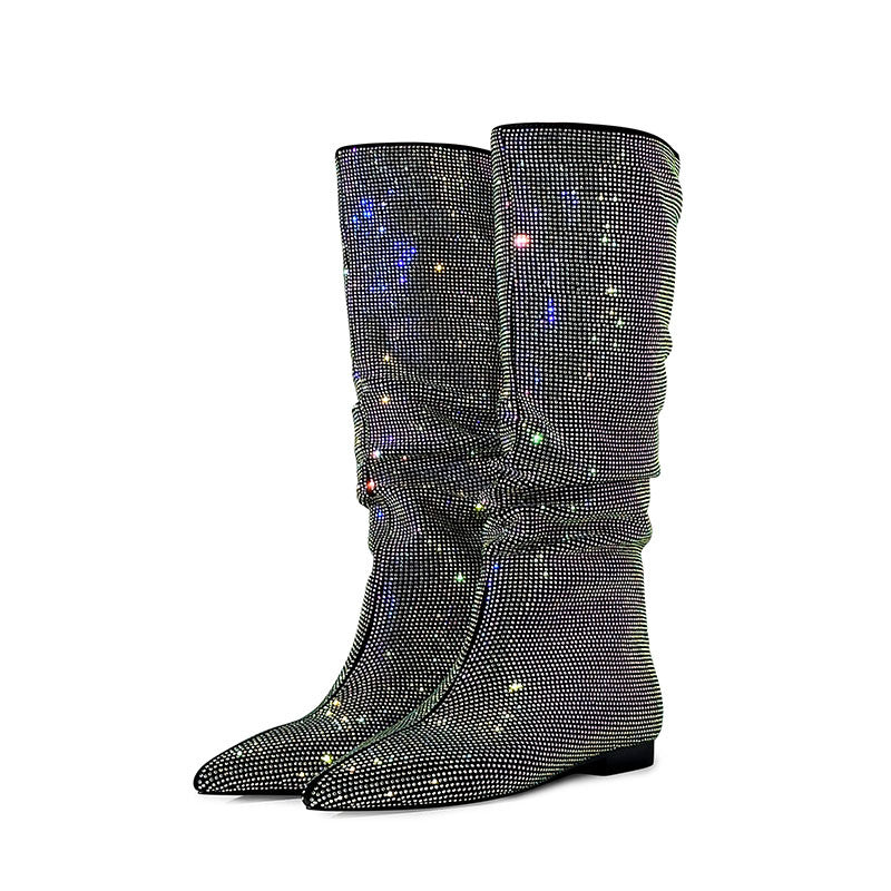 Pointed Flat Rhinestone Suede High Boots