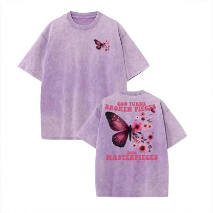 Vintage Washed Cotton T-Shirt with Butterfly Print