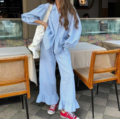 Fashion casual plaid suit women's 2025 new lapel horn sleeve shirt ruffled trousers two-piece set