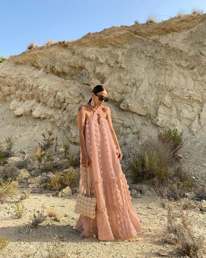 2026 Spring/Summer European and American New Style Solid Color Fashionable 3D Floral Floor-Length Cake Dress Cross-Border Long Dress Women's Halter Dress