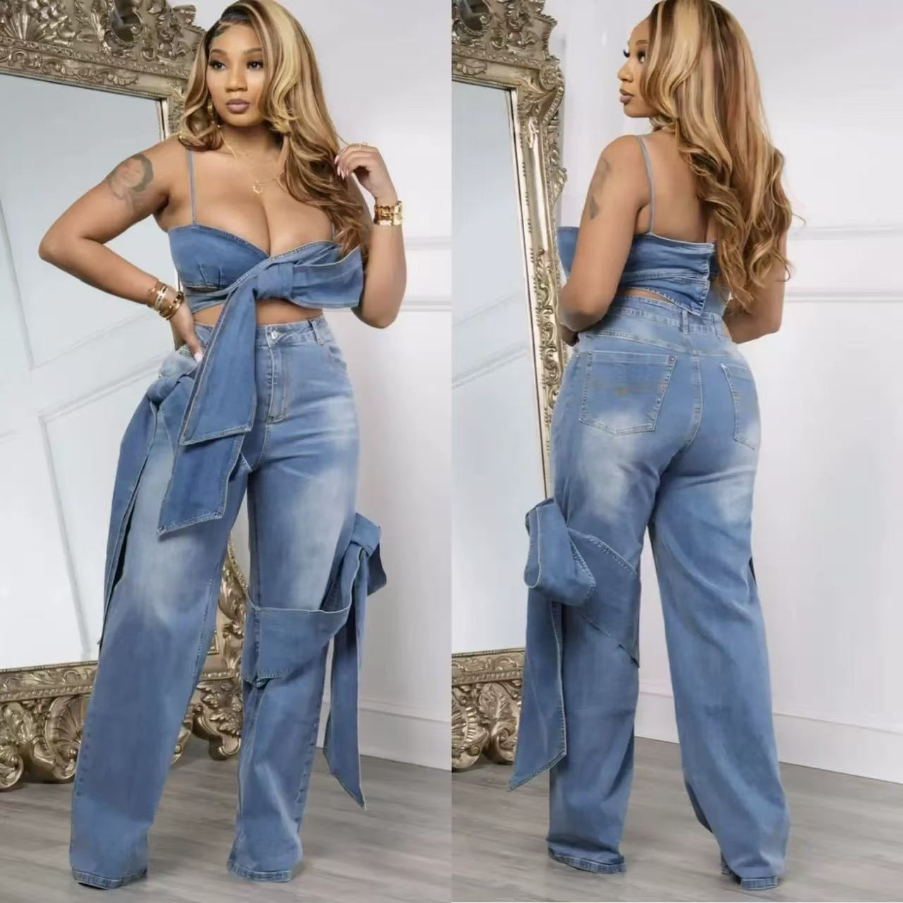 Sexy camisole tube top denim broek pak