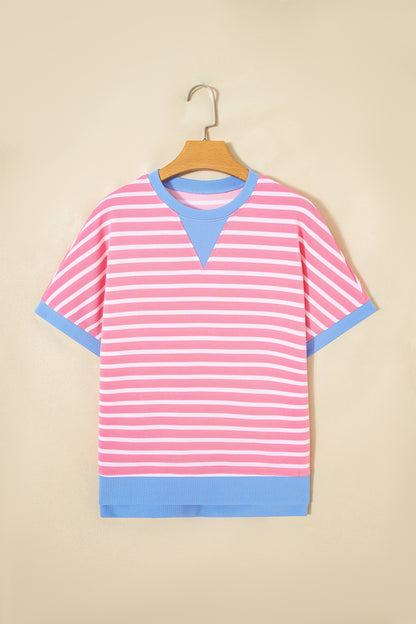 Gestreepte top met contrasterende bies losse korte mouwen en shorts