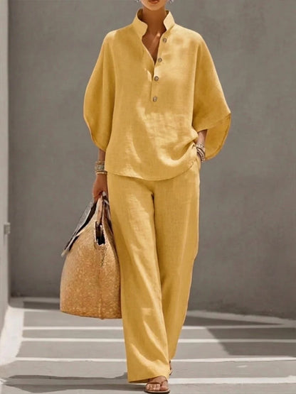 Womens Cotton Linen Shirt Set Casual Long Sleeve