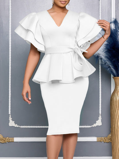 Elegant dress with lotus-leaf trim and solid color