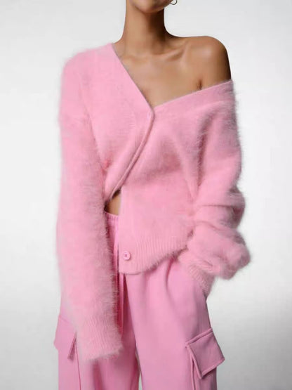 Women's Imitation Mink Fur V-Neck Long Sleeve Knit Cardigan Sweater