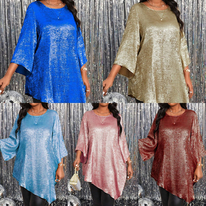 Women Oversized Solid Color Round Neck Asymmetric Top Shirt