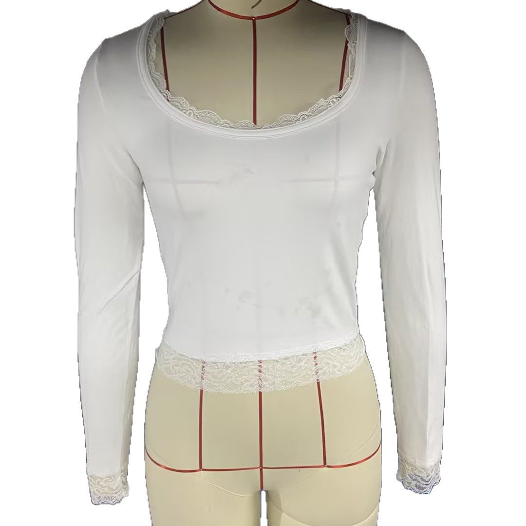Womens Long Sleeve Lace Trim T-shirt