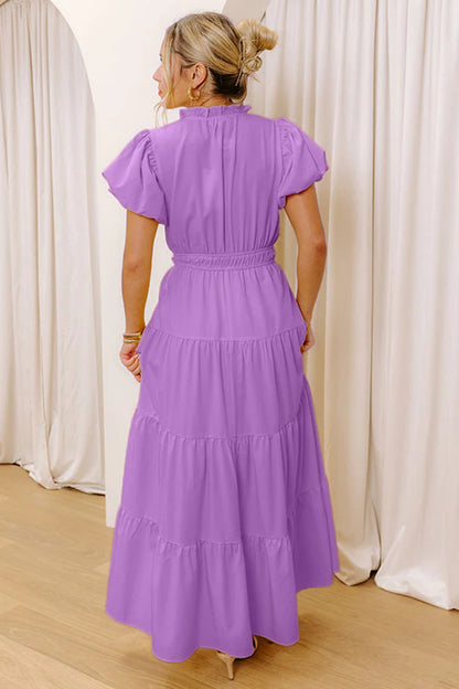 Effen maxi-jurk met V-hals korte pofmouwen en hoge taille