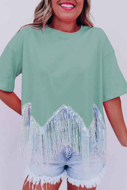 Cropped T-shirt met franjes pailletten en korte mouwen