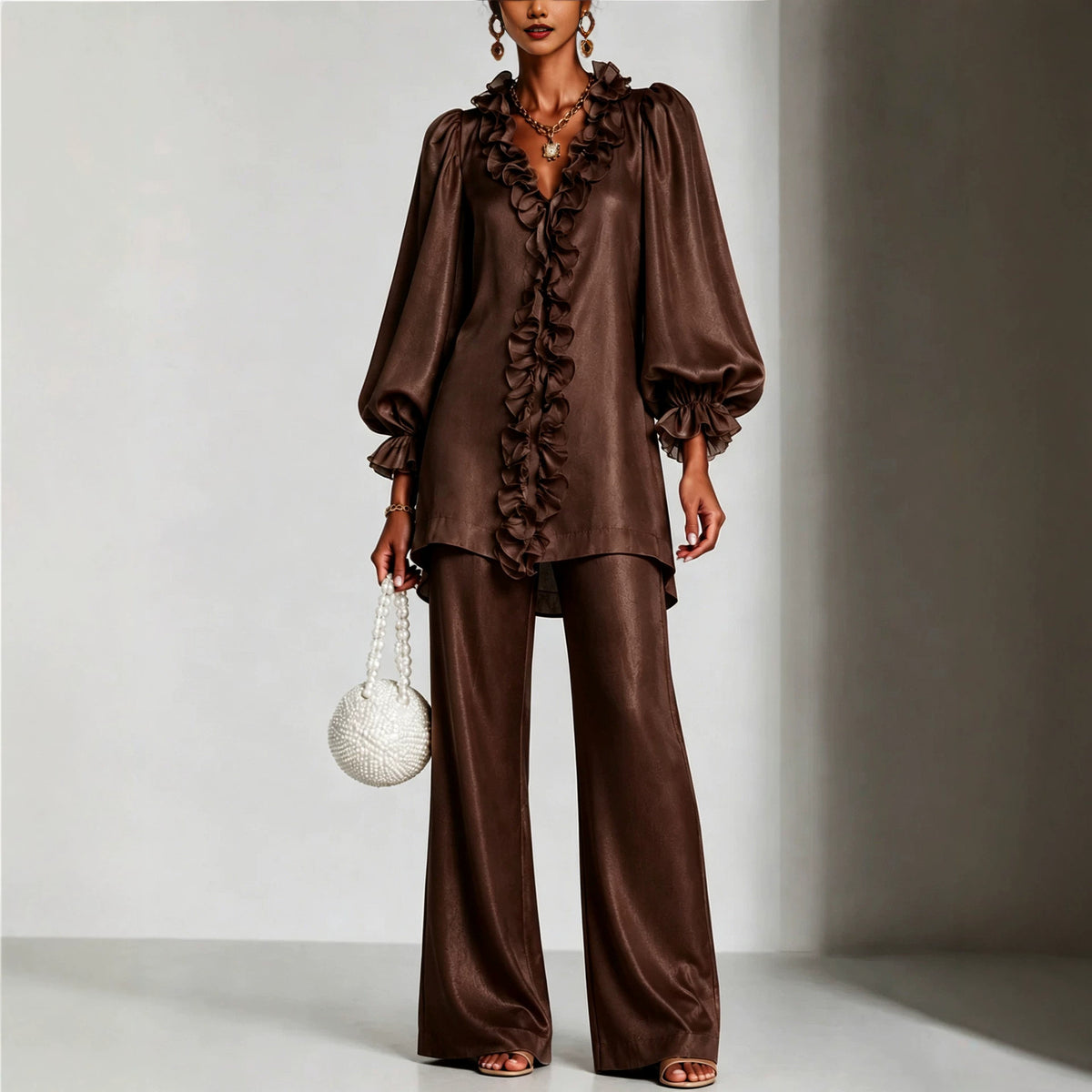 long-sleeve lace V-neck solid color women's clothing