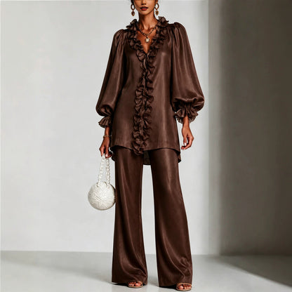long-sleeve lace V-neck solid color women's clothing