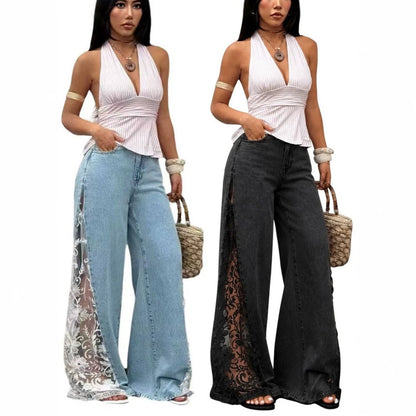 Women Colorblock Lace Spliced Wide Leg Denim Jeans