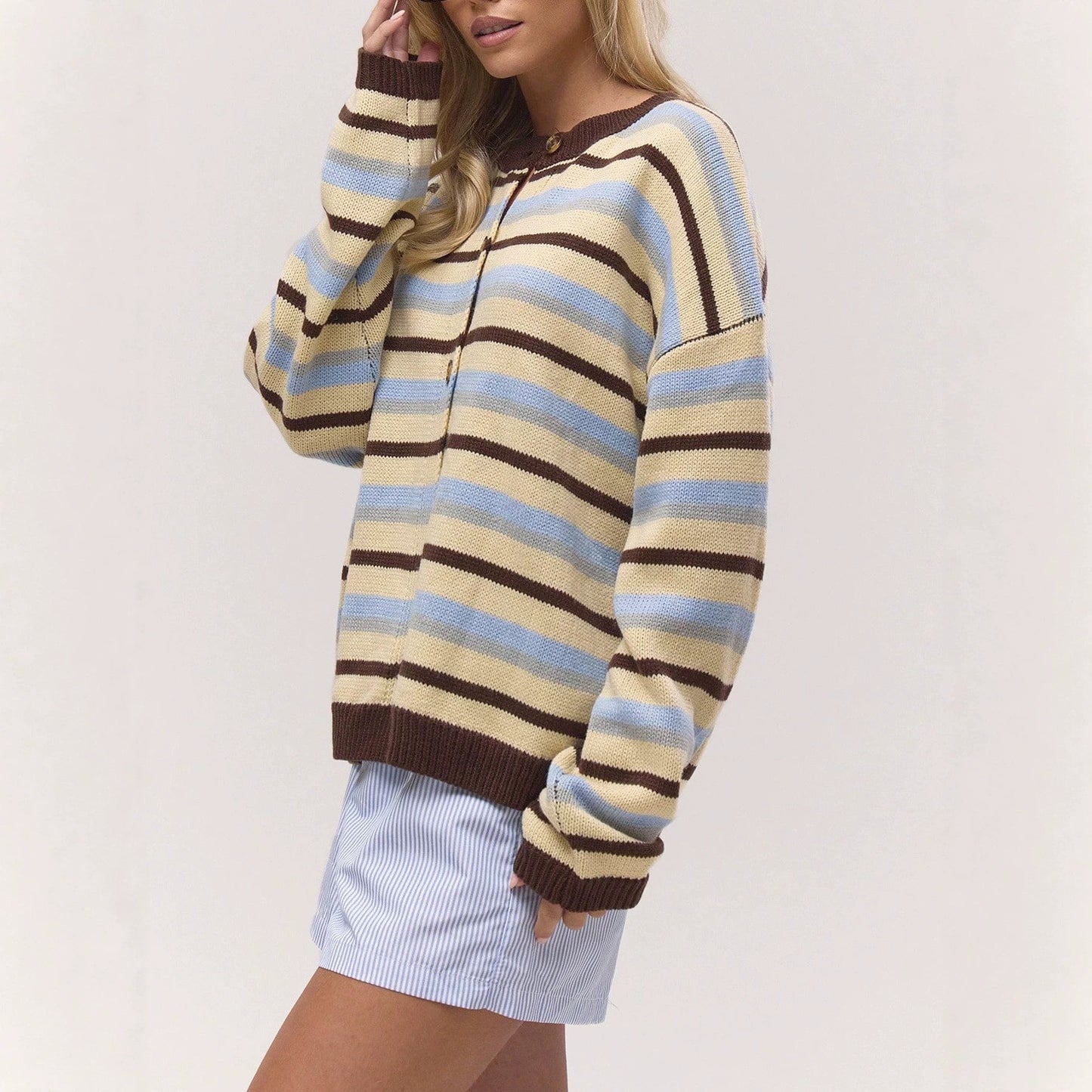 Women's Casual Color-Block Striped Loose Knit Cardigan