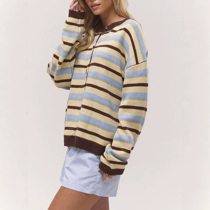 Women's Casual Color-Block Striped Loose Knit Cardigan