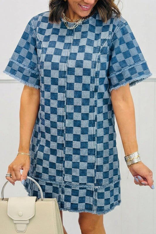 Mini-jurk van geruit denim met gerafelde zoom