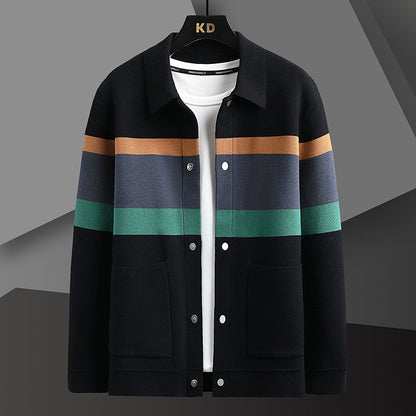 Mens Lapel Color Block Knitted Cardigan