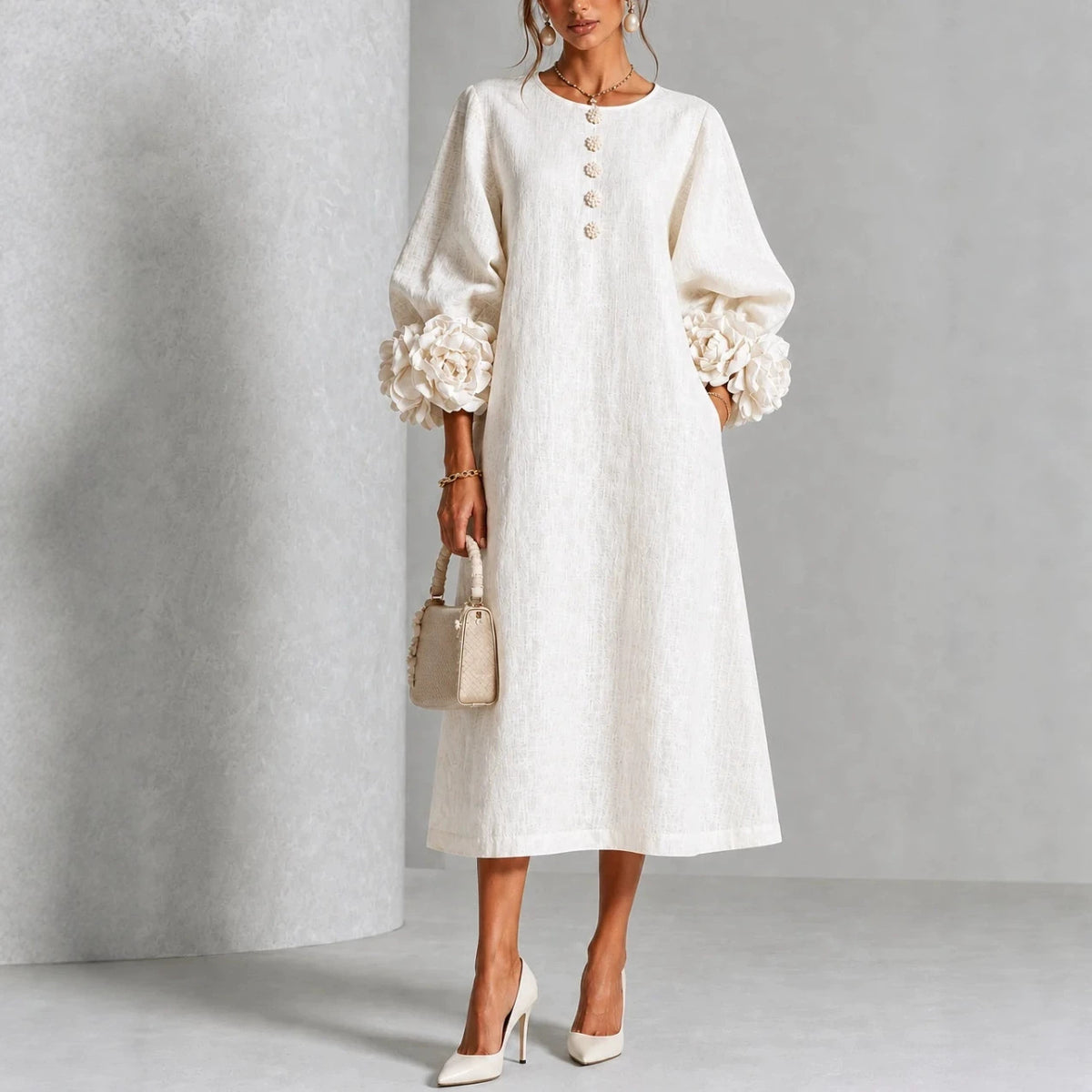 Elegant Floral Sleeve Cotton Linen Dress