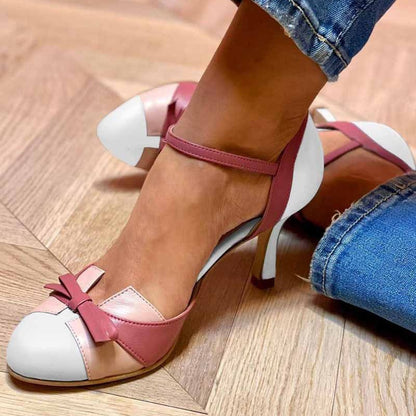 Women's High-Heeled Color-Block Sandals with Bow Strap